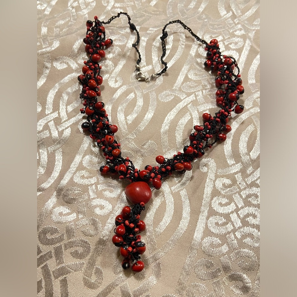 Vintage Red Bead Necklace #9198